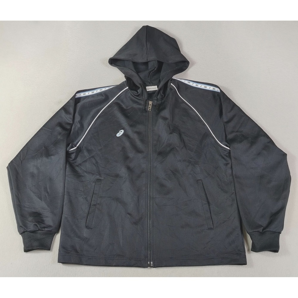 ASICS Track Jacket Mens Large Black Hooded Full Zip Running Athletic Japan